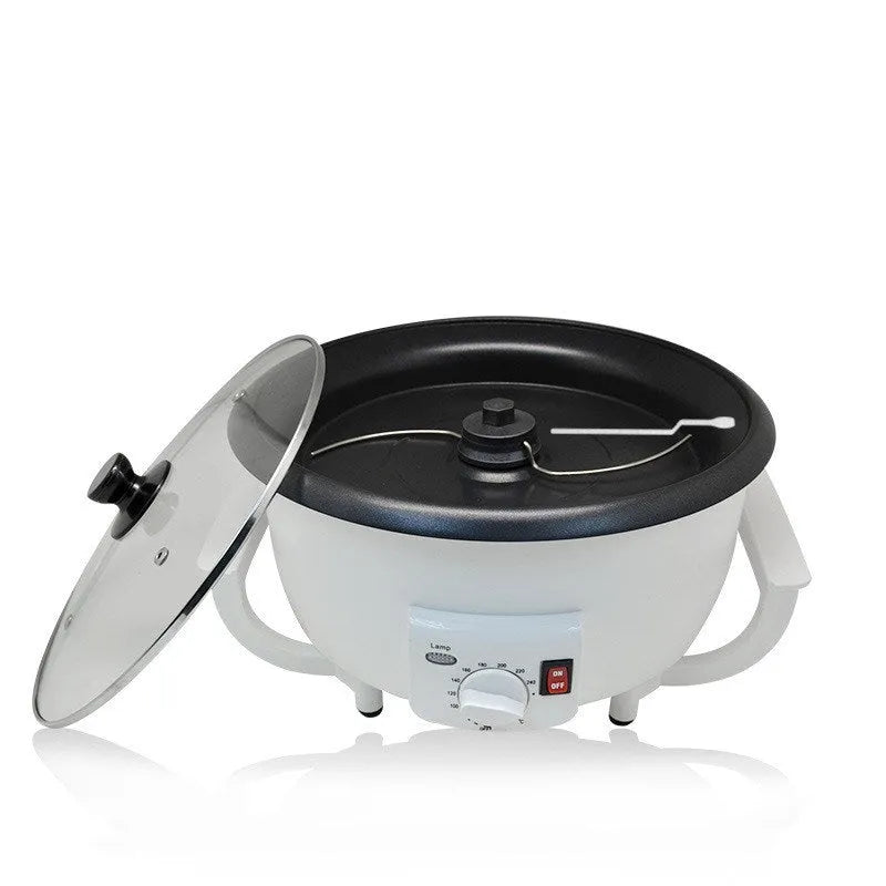 White oblate coffee bean roasting machine with 750g capacity and 225mm base