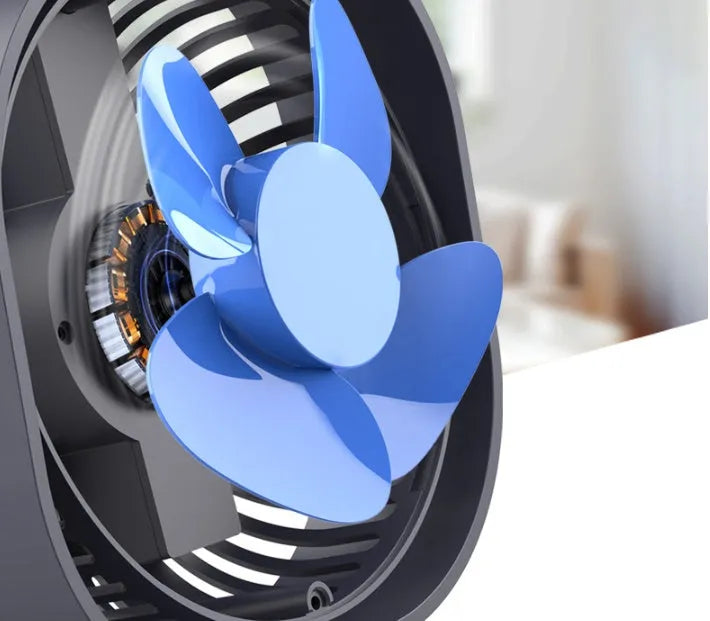 USB desk fan with alarm clock display in blue, showing 360-degree rotation capability.