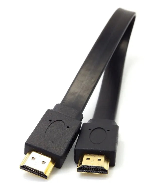 A flat black HDMI cable with male connectors on a white background.