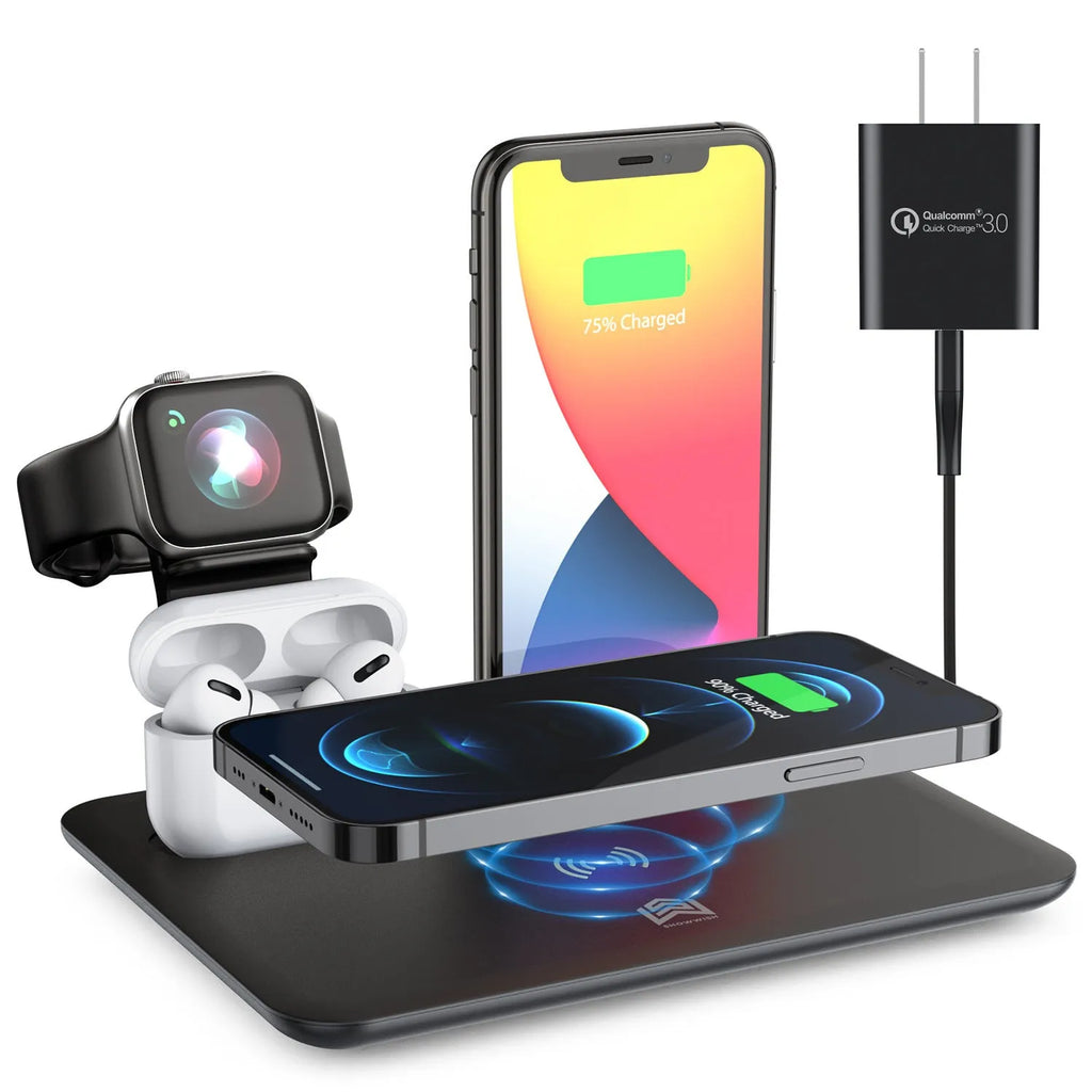 Black and white wireless charging station for phone watch headphones on desktop
