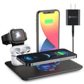 Black and white wireless charging station for phone watch headphones on desktop