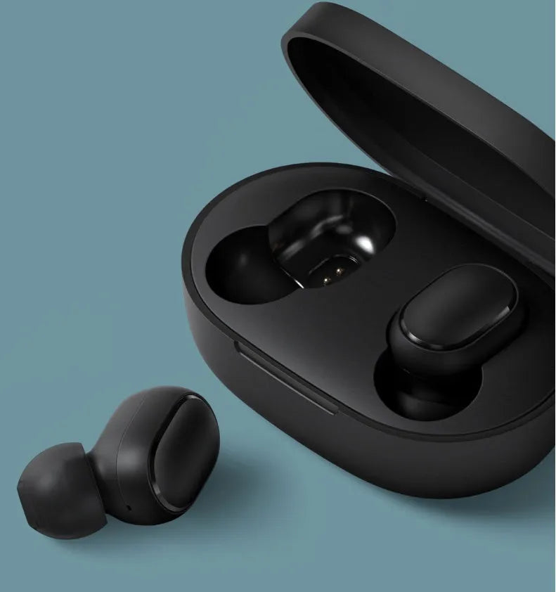 Redmi AirDots 2 black true wireless earbuds with charging case on a white background.