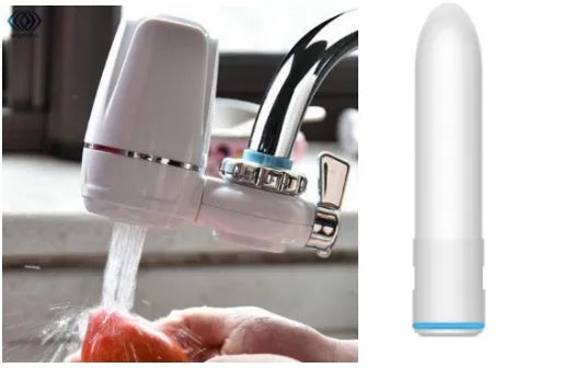 White plastic faucet water filter with adapter kit and ceramic cartridge for kitchen tap installation.