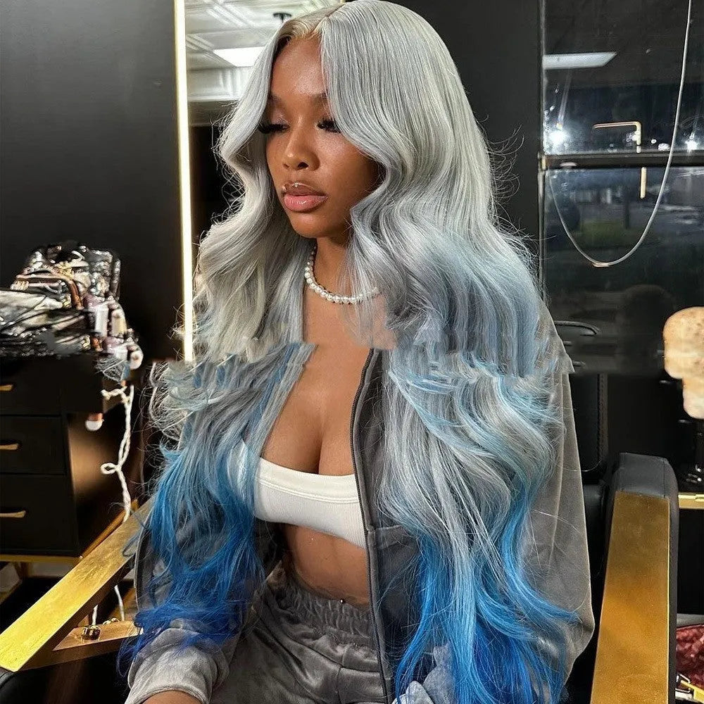 Grey blue gradient human hair lace front wig with 4x4 cap and Ruili style
