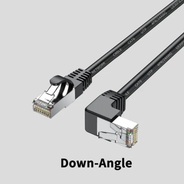 Cat6 Ethernet cable with right-angle metal RJ45 connector in black, shown alongside length and colour options.