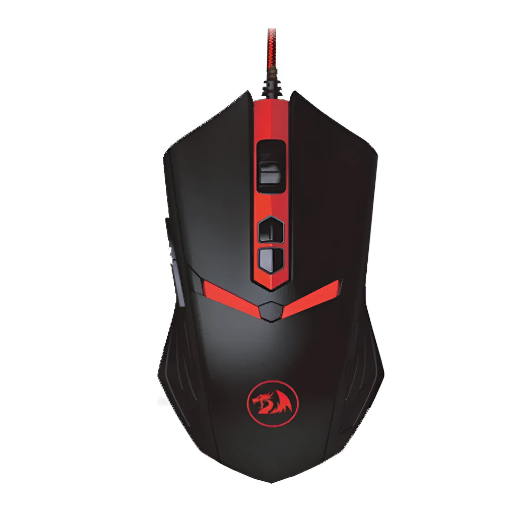 Black and red wired USB ergonomic gaming mouse with six buttons on a desk.