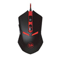 Black and red wired USB ergonomic gaming mouse with six buttons on a desk.
