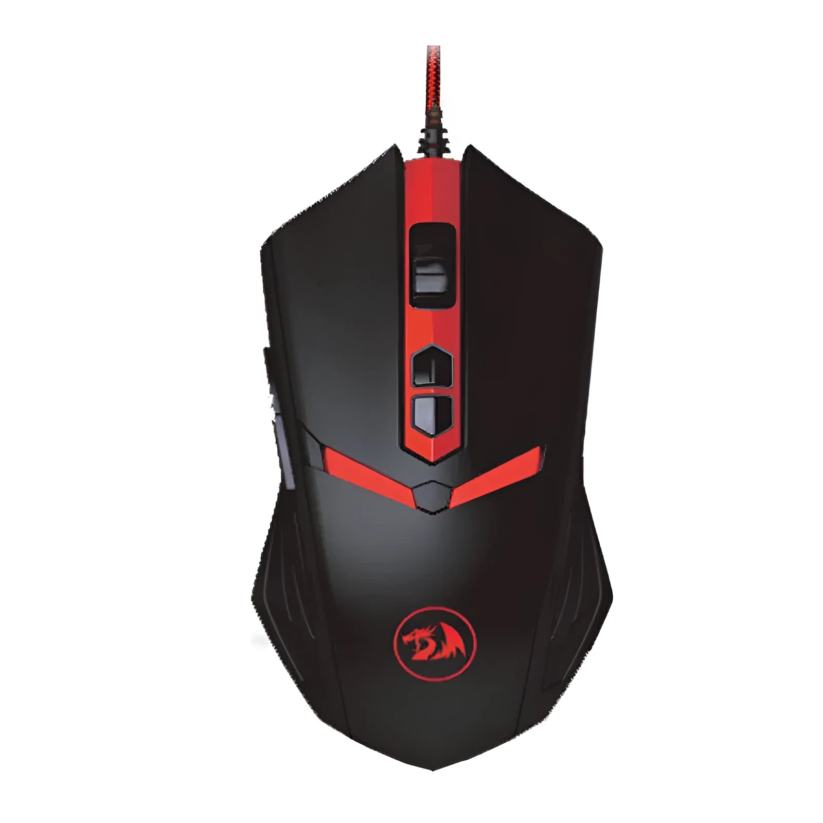 Black and red wired USB ergonomic gaming mouse with six buttons on a desk.