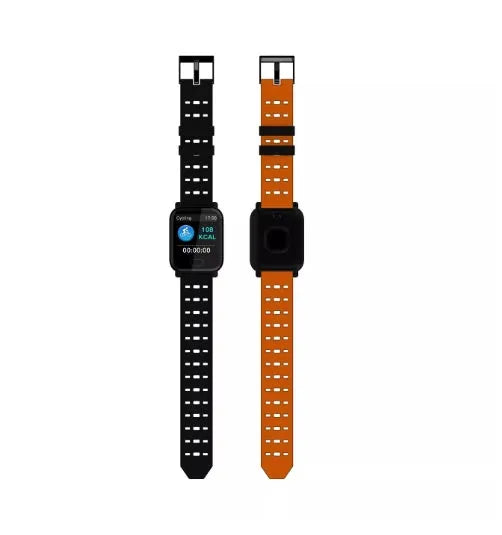 A6 smart fitness bracelet with colour screen shown on a wrist, available with black, blue, or orange silicone strap.