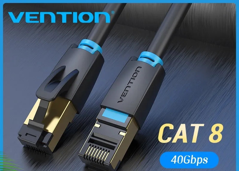 CAT8 shielded flat and round Ethernet network cables in various lengths from 0.5m to 10m with gold RJ45 connectors.