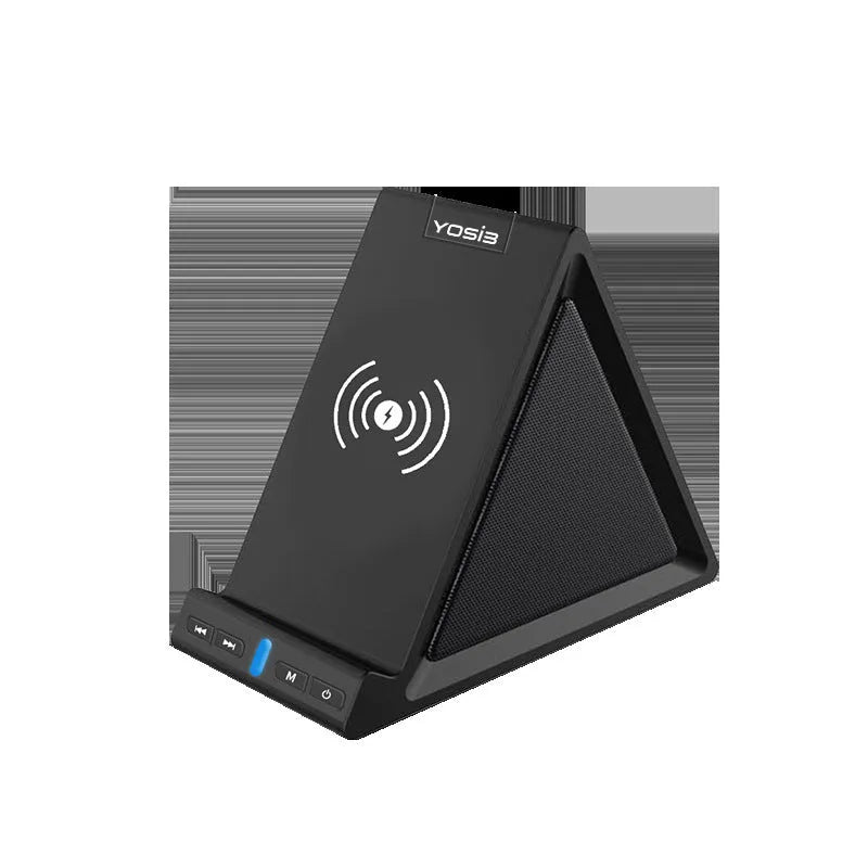 Black multifunction Bluetooth speaker with wireless charging surface and integrated phone stand