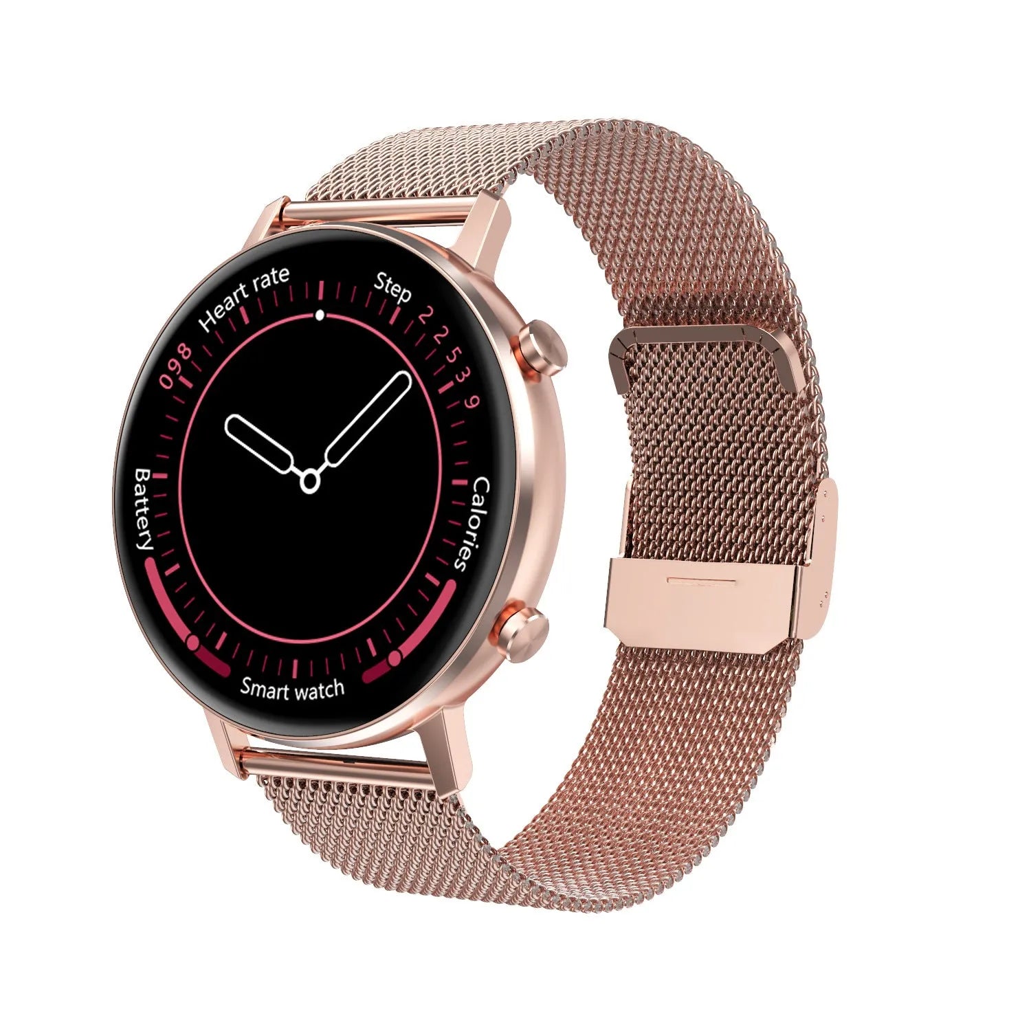 DT96 smart fitness bracelet with steel strap on wrist, showing 1.3 inch screen displaying time.