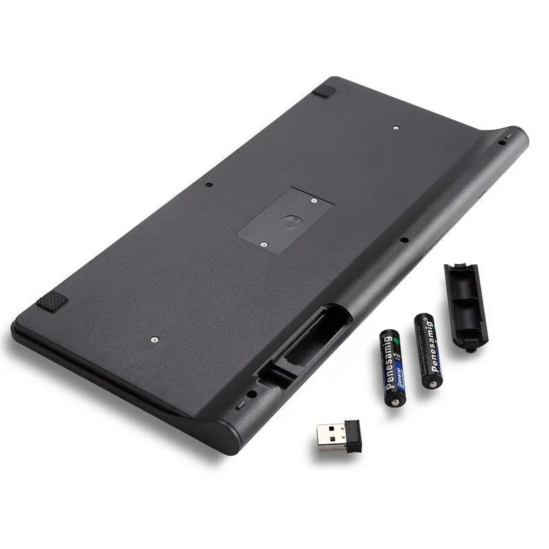 Black wireless keyboard and mouse set with 78 keys and 4-button mouse on desk