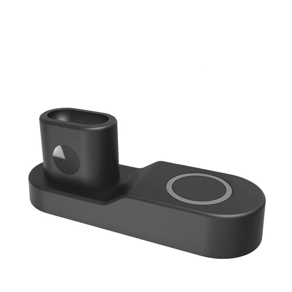 Black and white 3-in-1 wireless charging station with detachable Apple Watch charger on a wooden desk