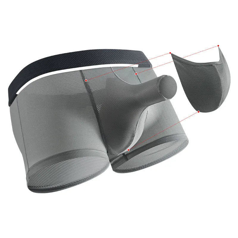Men's solid colour ice silk mesh boxer underwear on a grey background, showing low waist design.