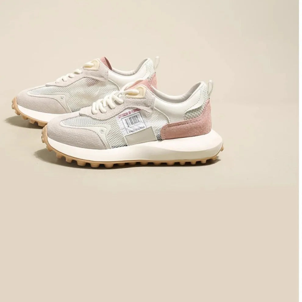 Women's grey and pink retro sneakers with low-top flat heel design and mesh lining