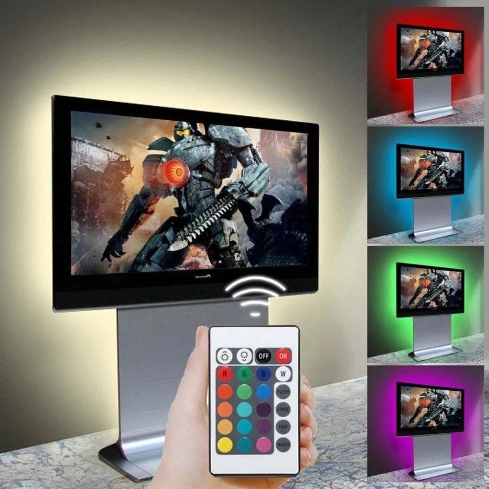 1 metre long USB-powered LED light strip showing multiple colour options including white, blue, and red LEDs.