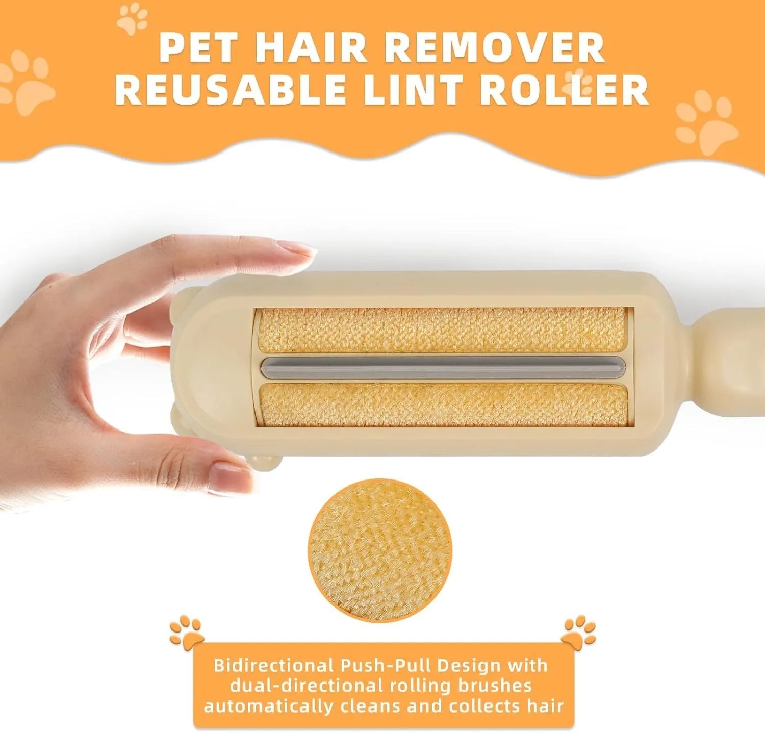 Blue reusable pet hair remover tool with self-cleaning base on a fabric sofa.