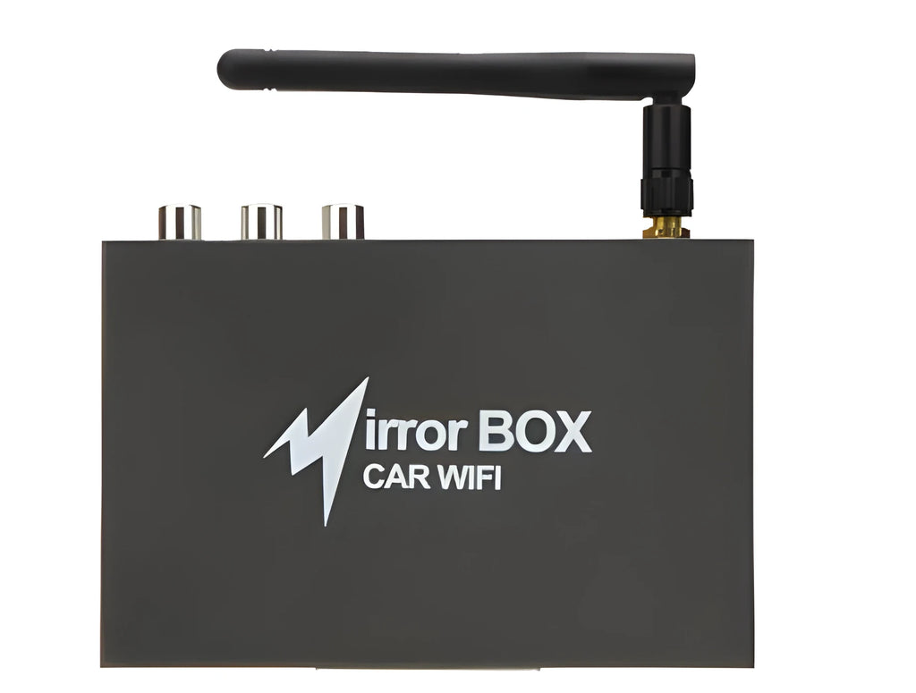 Black car mirror link box Wi-Fi converter with power cable, AV cable, antenna, and user manual for screen mirroring.