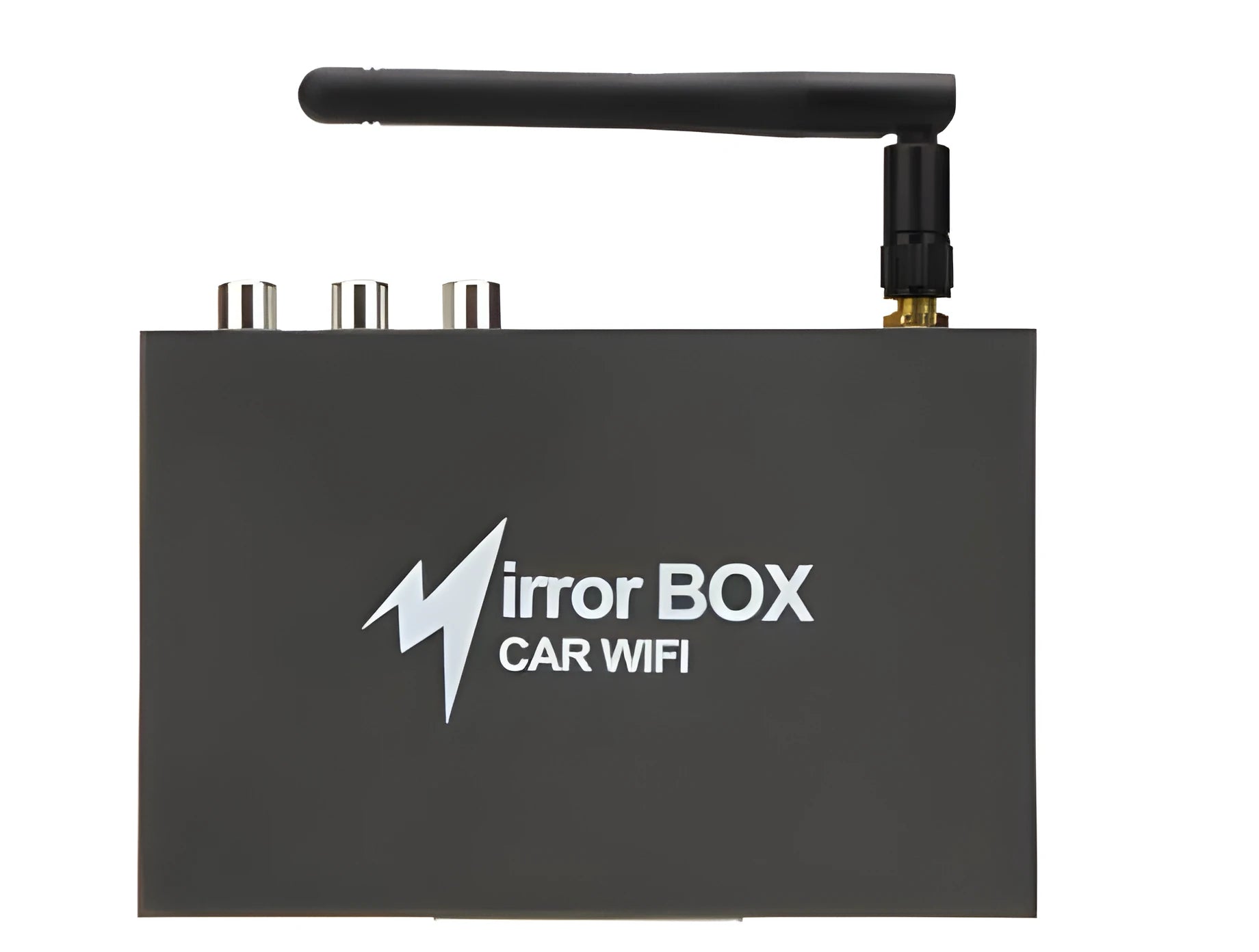 Black car mirror link box Wi-Fi converter with power cable, AV cable, antenna, and user manual for screen mirroring.