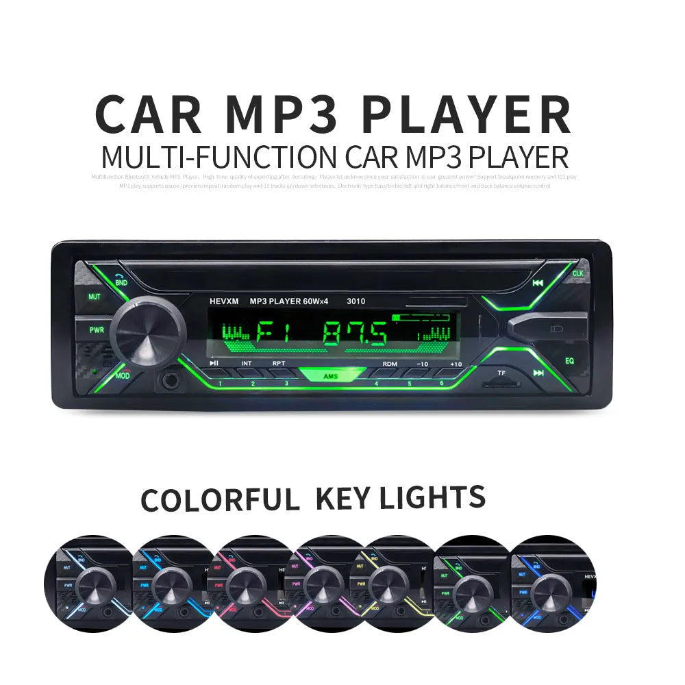 Car dashboard MP3 player radio with Bluetooth, LCD display, USB port, and control buttons