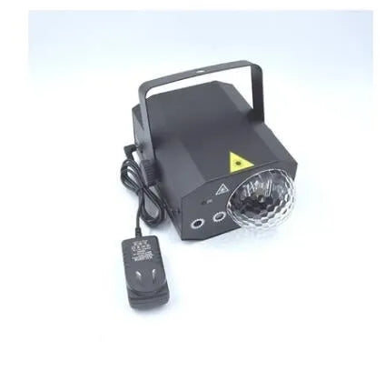 Black and white LED laser magic fan stage light with remote control on a stand.