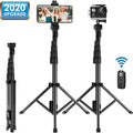 Black aluminium selfie stick tripod extended next to a smartphone, showing its 5-section telescopic shaft.