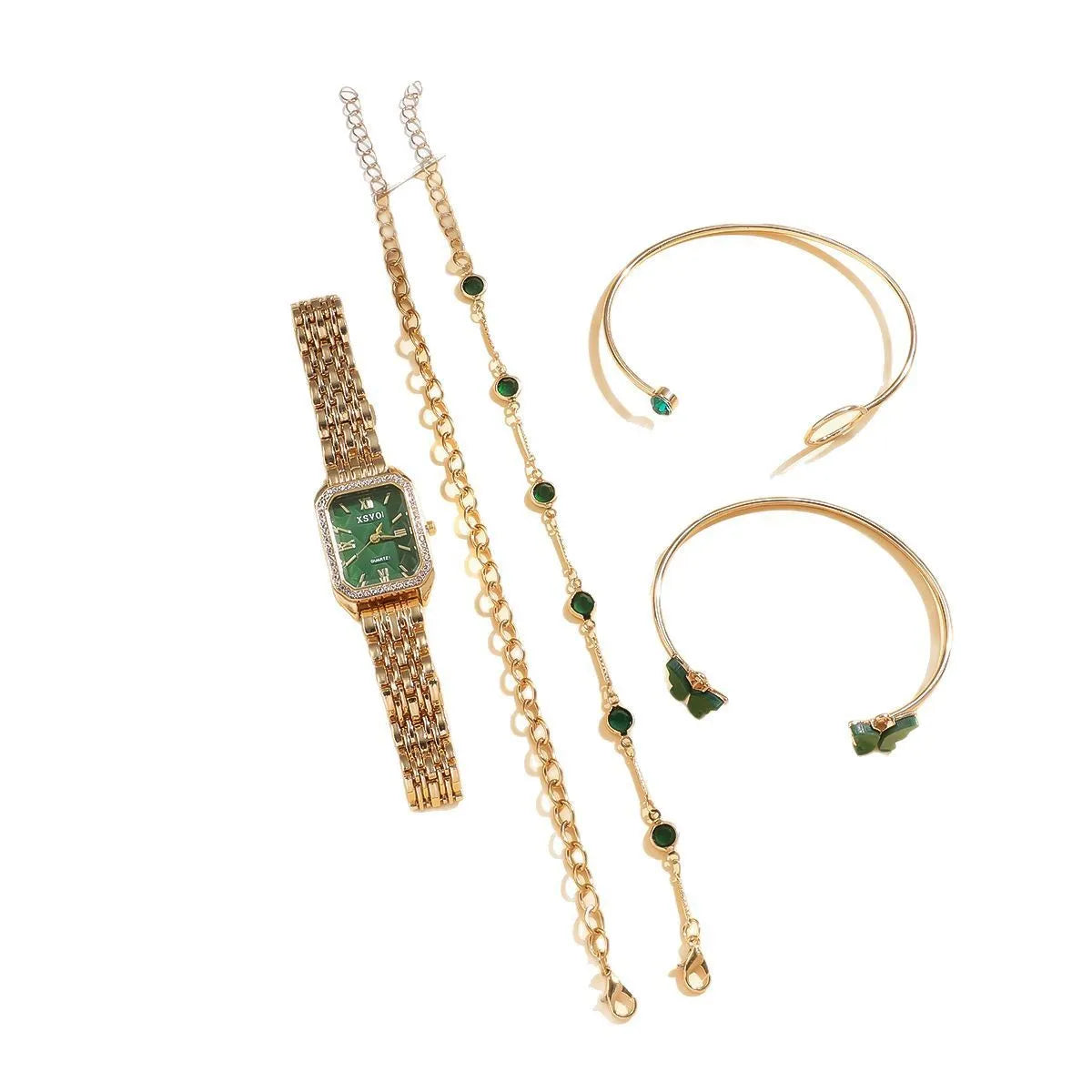 Gold green square women's watch with four matching bracelets on display