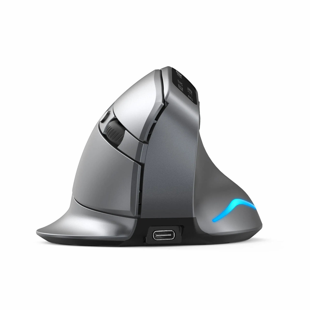 Gray Bluetooth vertical mouse with ergonomic grip and self-charging feature