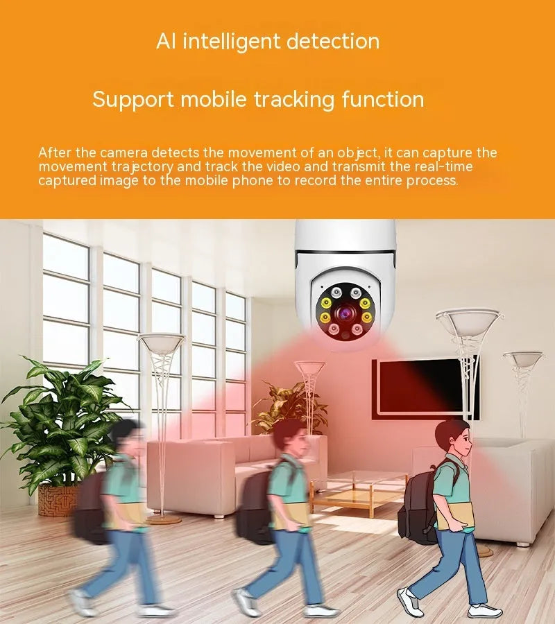 Wireless WiFi bulb security camera with plastic and metal housing measuring 5cm by 12cm