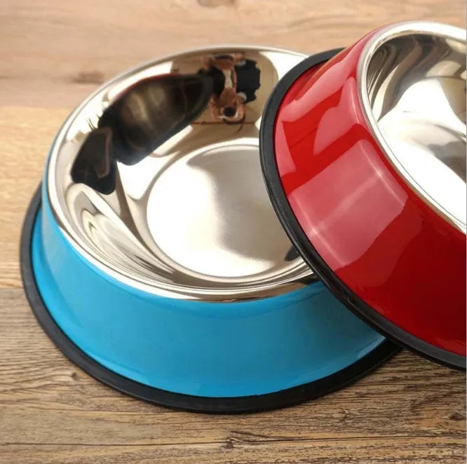 Stainless steel pet bowl with colourful melamine pot and non-slip rubber base