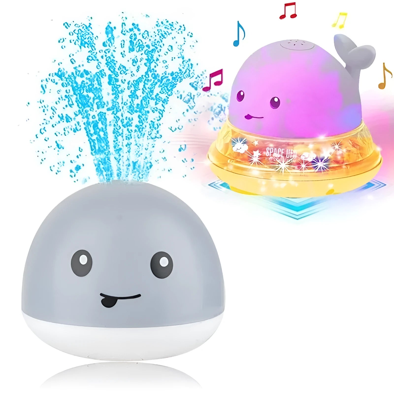 Electric whale bath toy spraying water with flashing LED lights in baby bath