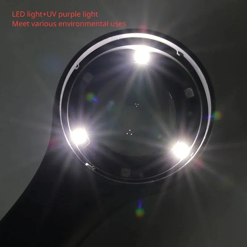 Black handheld magnifying glass with USB-C cable for charging its built-in inspection light.