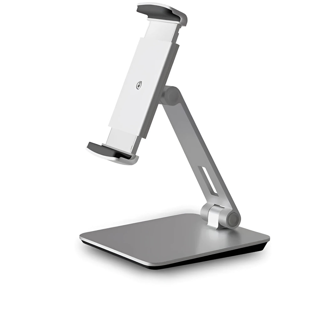 Aluminium folding desktop phone and tablet holder with 360-degree rotation in silver colour
