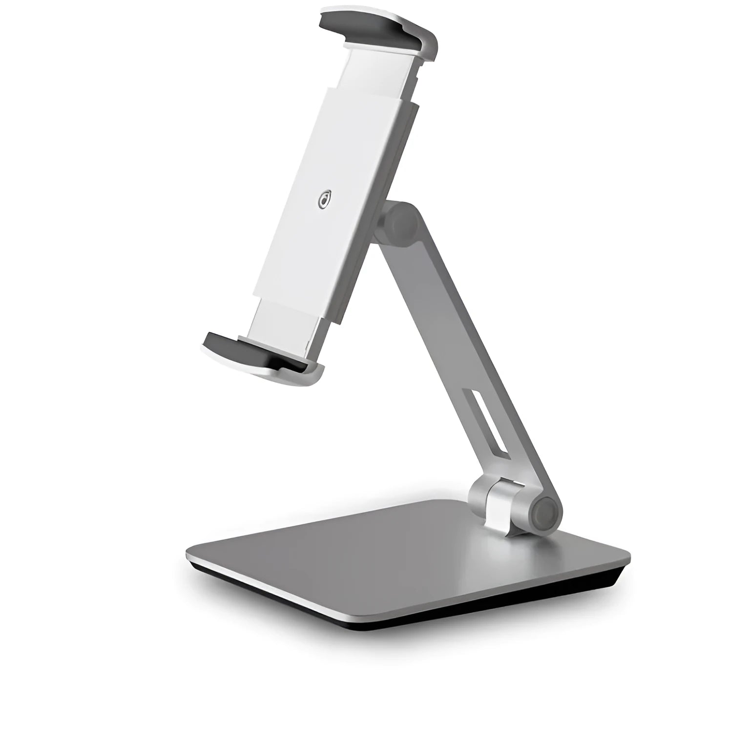Aluminium folding desktop phone and tablet holder with 360-degree rotation in silver colour