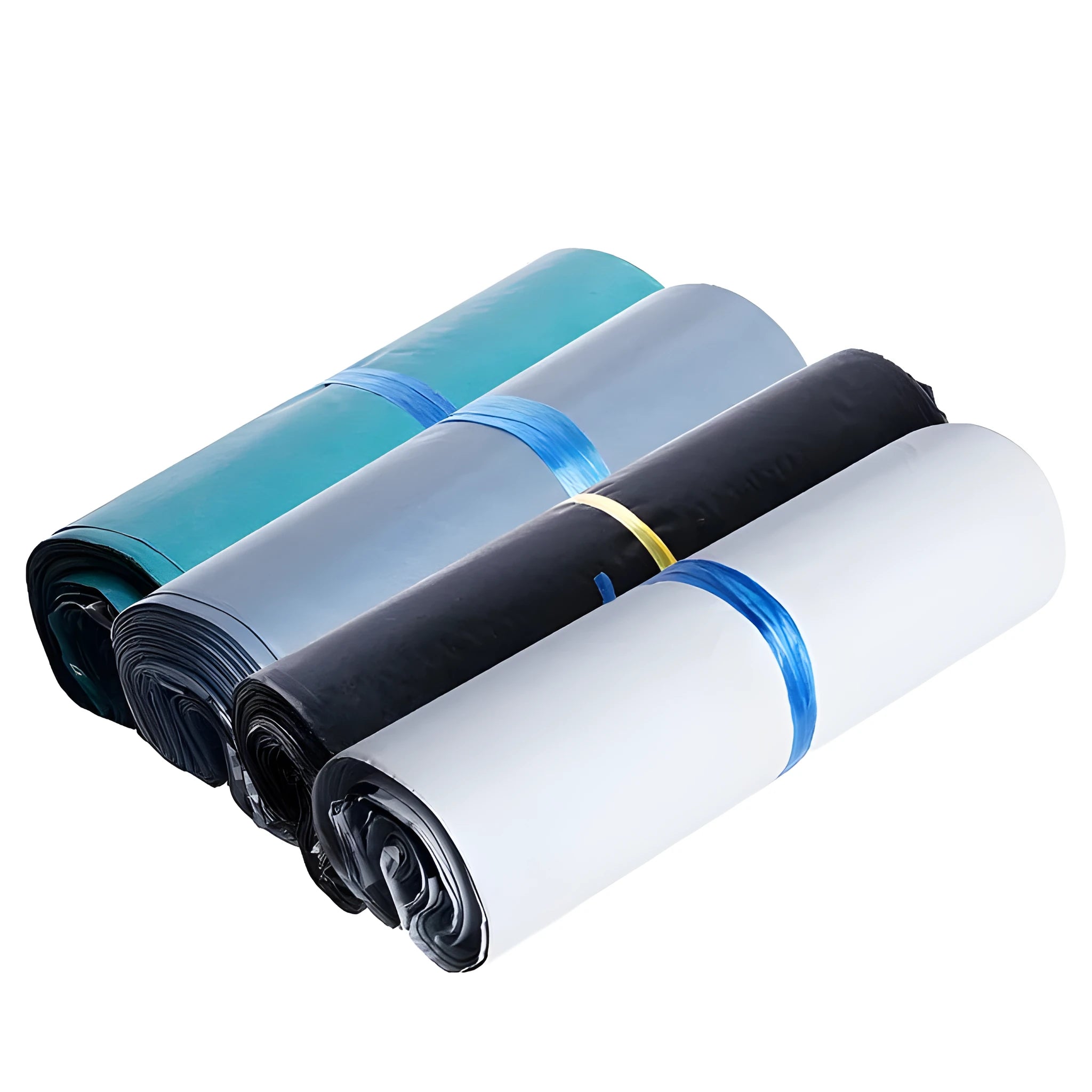 Bundle of 100 clear PE plastic courier bags with adhesive seals in various sizes on a white background.