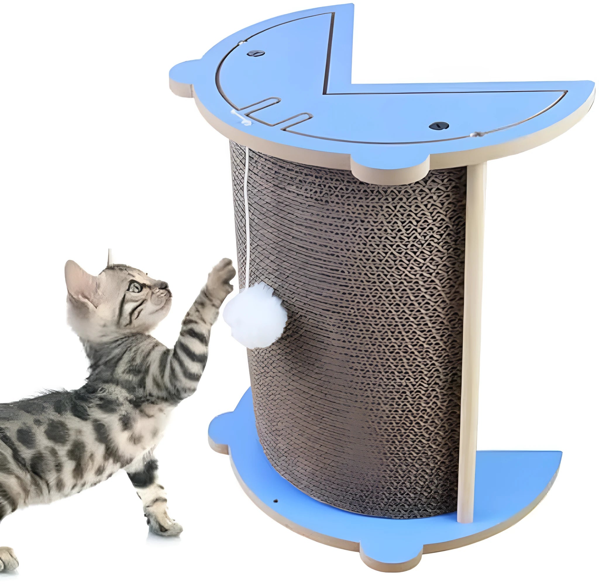 Corner cat scratching pad with hanging ball on cardboard surface