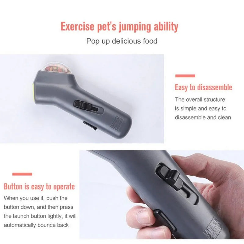 Grey pet snack catapult launcher for dogs and cats, showing compact size and trigger mechanism.
