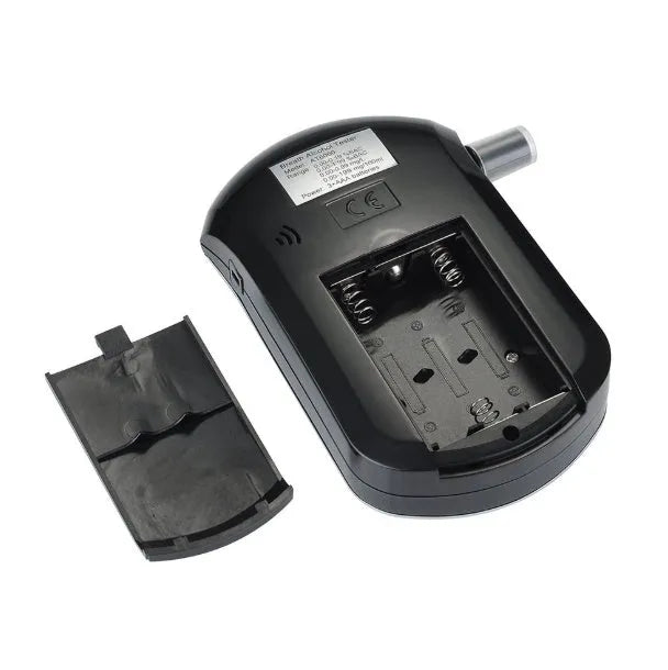 Black portable breathalyser alcohol tester with digital display and mouthpiece