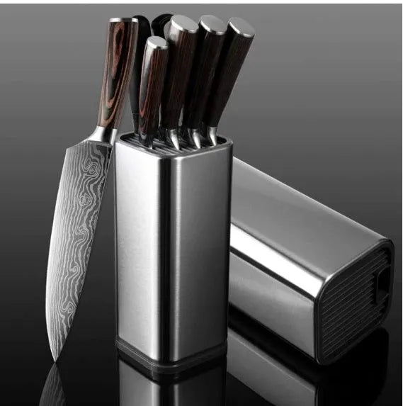 Stainless steel kitchen knife holder with storage bucket and detachable draining base in black and white.