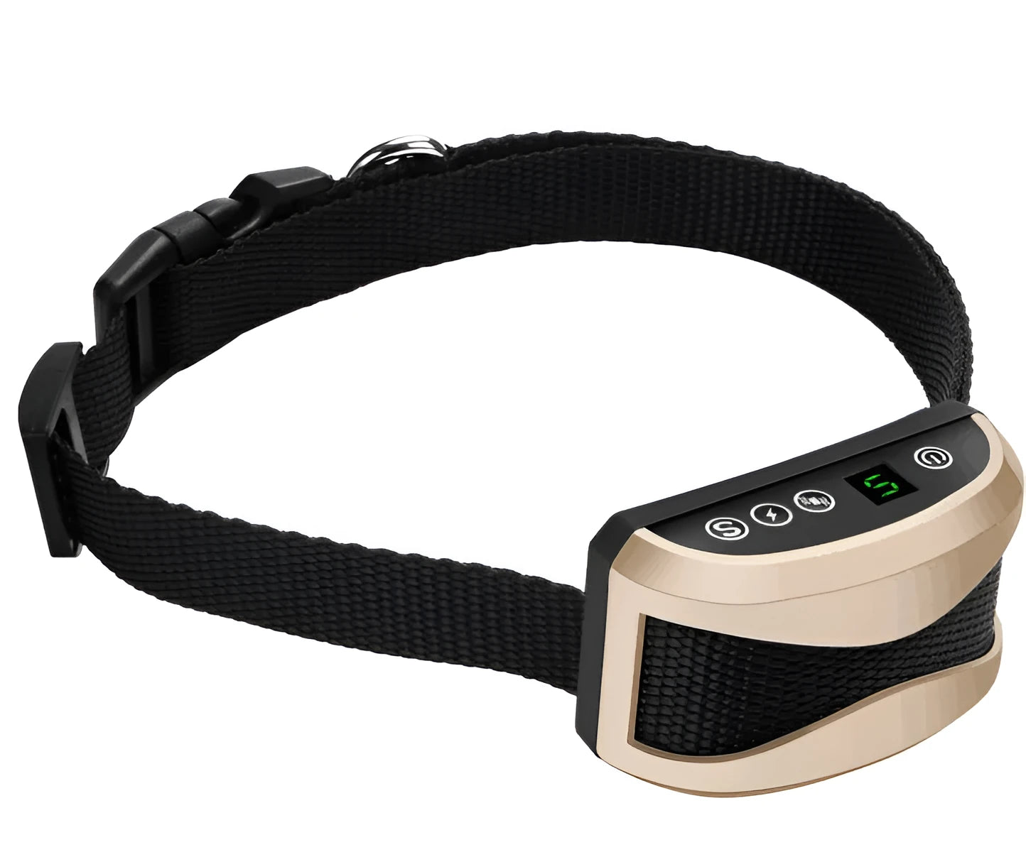 Electronic dog training bark collar with digital display on a black adjustable reflective strap.