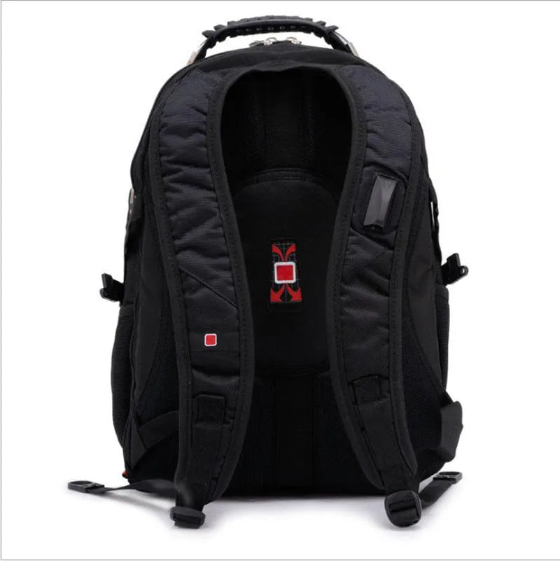 Black business computer backpack with three compartments open, showing laptop sleeve and organiser pockets