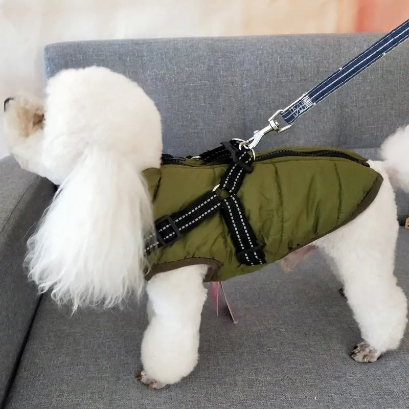 Waterproof dog coat with harness in red, navy blue, or army green, sizes XS to 4XL