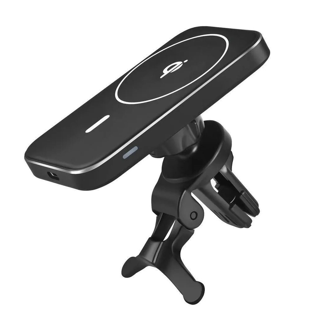 Black M6 magnetic wireless car charger mounted on vehicle dashboard with phone attached