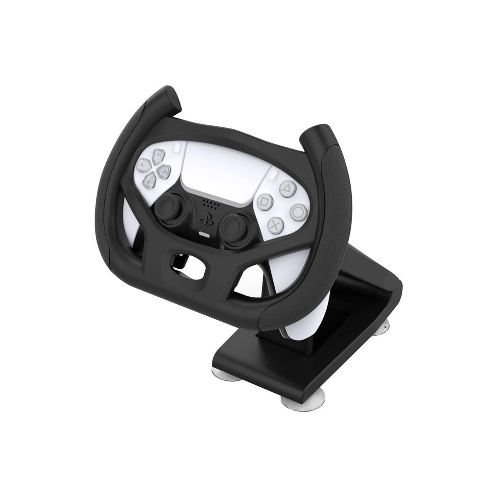 Black gamepad steering wheel bracket with suction cup base holding mobile phone