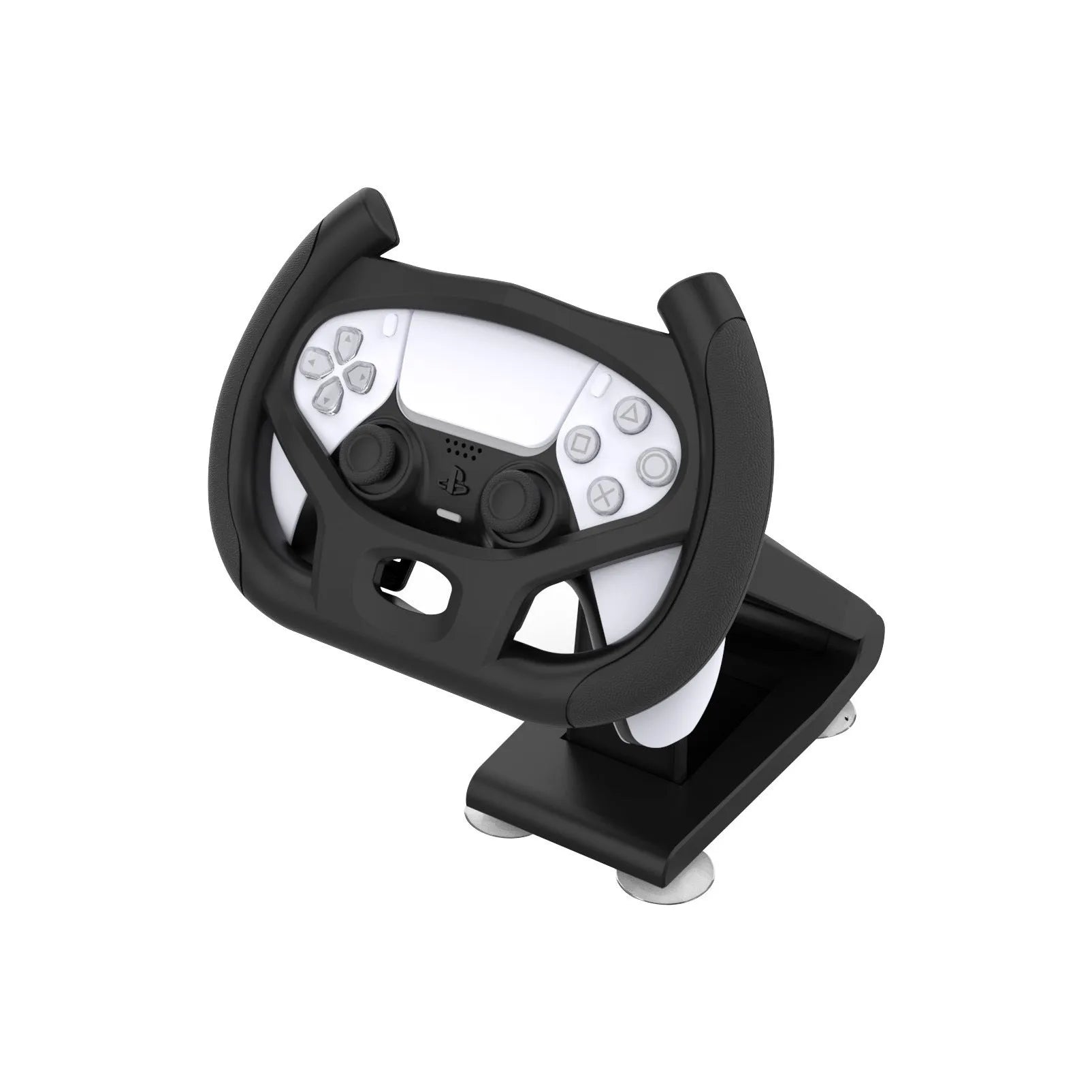 Black gamepad steering wheel bracket with suction cup base holding mobile phone