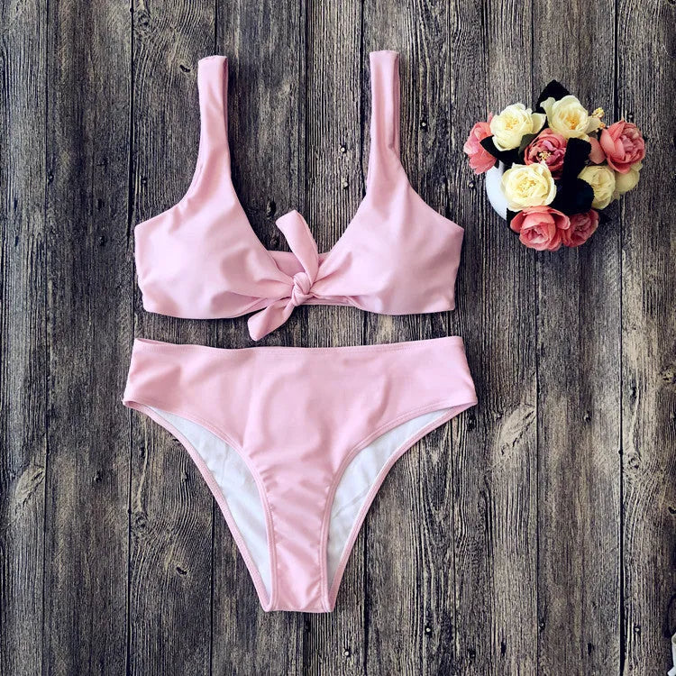 Women's polyester bikini set in solid colours with sleeveless design