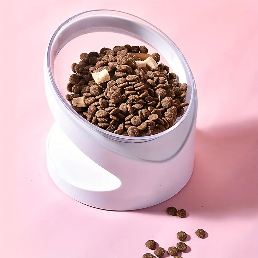 White elevated cat food bowl with tilted anti-vomit design for ergonomic feeding