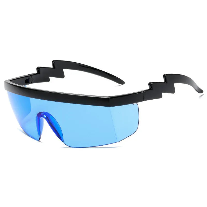 One-piece sports sunglasses with lightning bolt temple legs and polycarbonate lenses