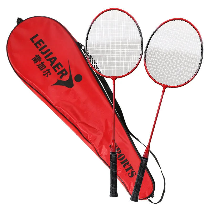 Badminton racket set of 2 with cover pocket, iron alloy frame, 360g, blue pink red options